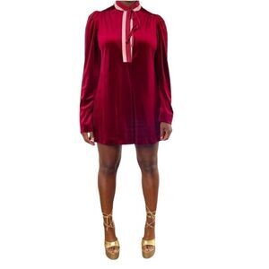 VINTAGE Barad & Co Velvet Velour Nightgown Tie Neck Puff Shoulder Mini Dress